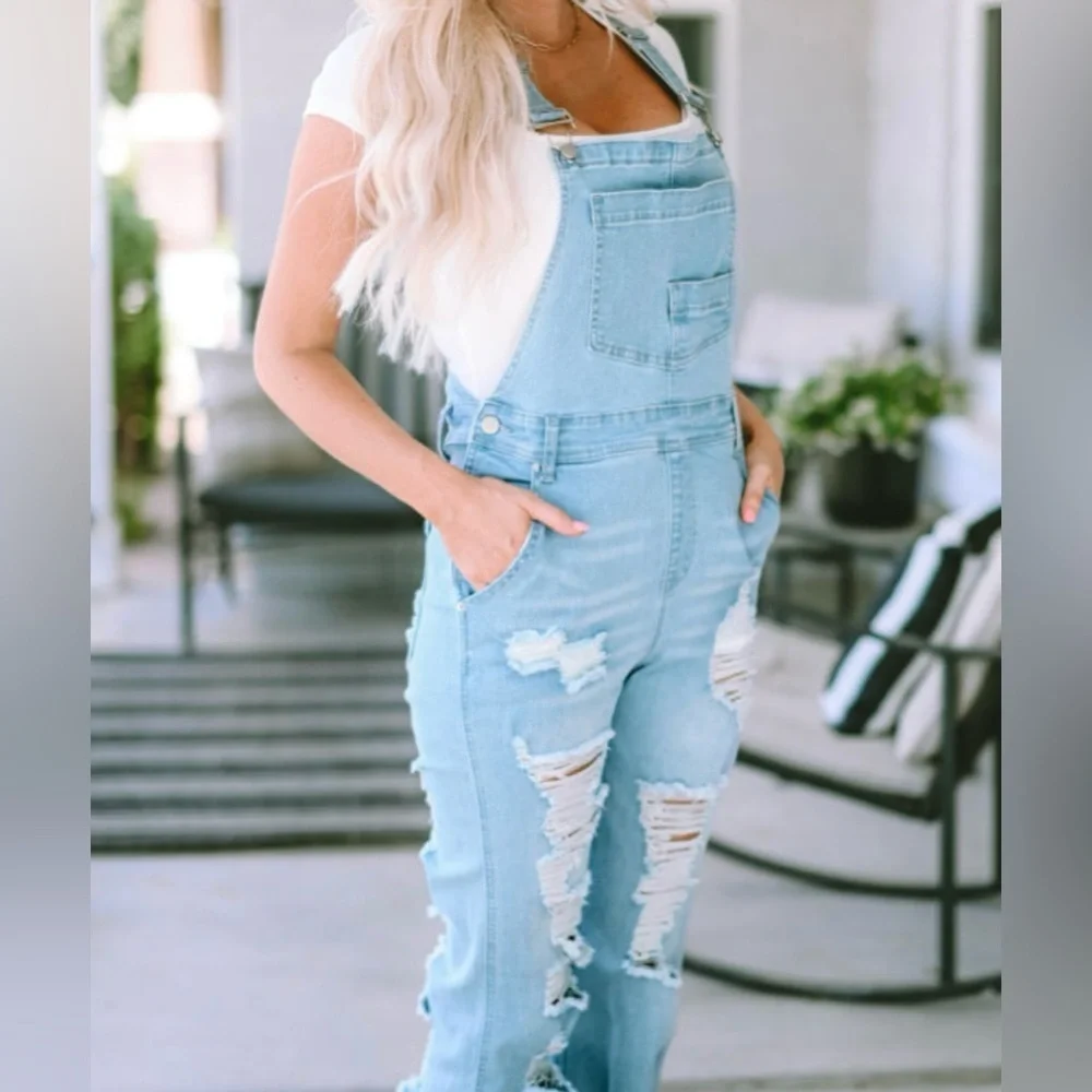 Women's Light Blue Distressed Denim Overalls - Picture 5 of 16